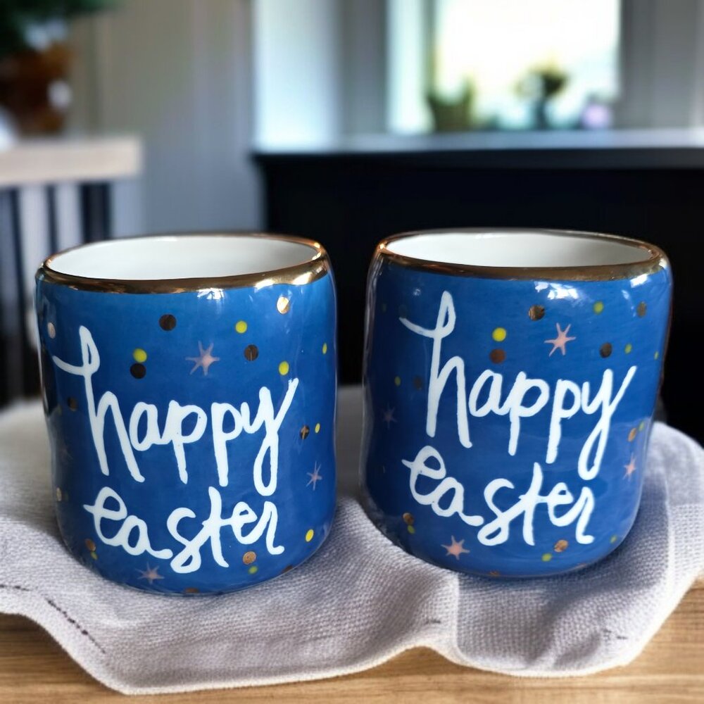 HAPPY EASTER POTS/MUGS Glazed Gold Rim with Easter Sentiments